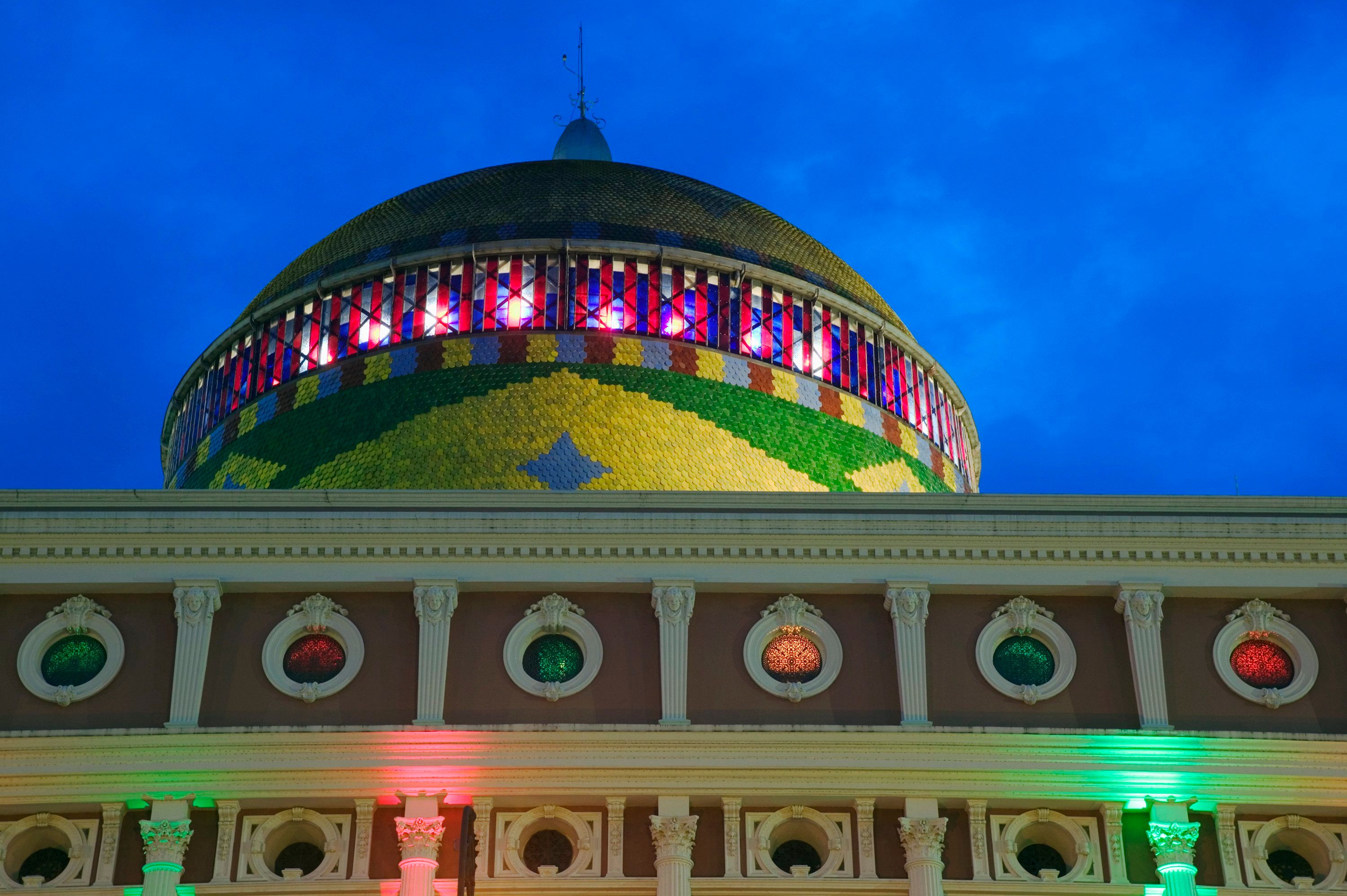 South America, Brazil, Manaus, Teatro Amazonas, Cupola, created using 36,000 colourful ceramic tiles imported from Alsace, low angle view