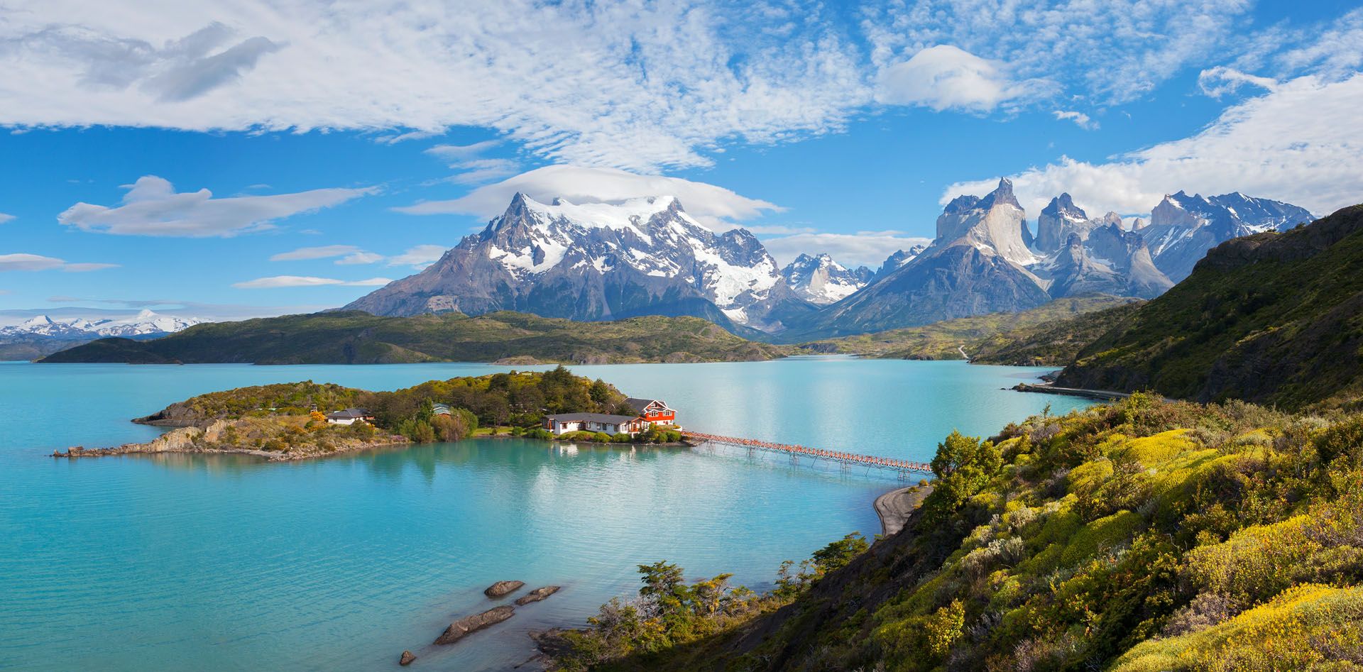 House on the island in the national park Torres del Paine, lake Pehoe, Patagonia, Chile © Shutterstock