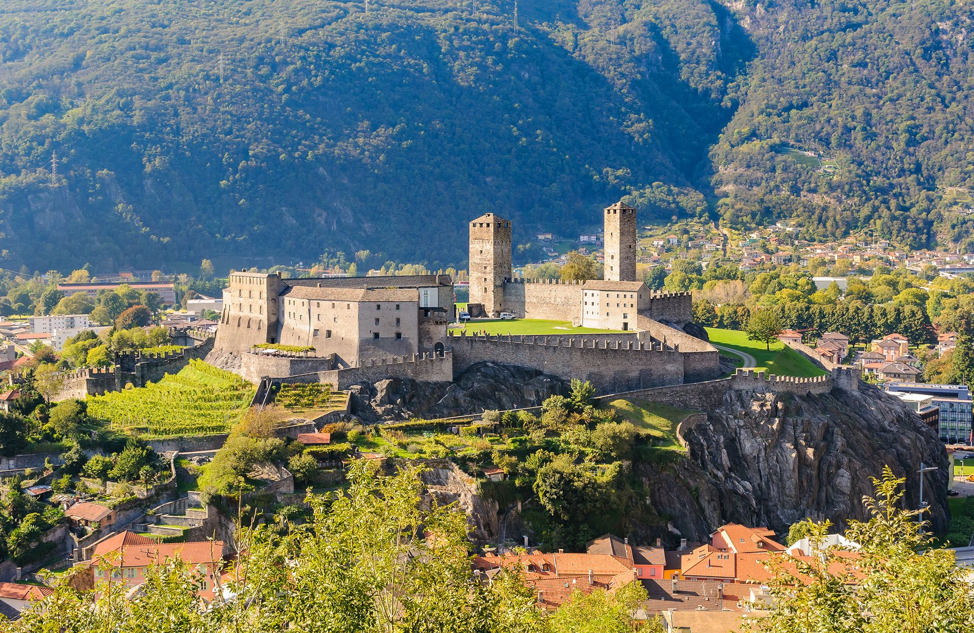 View of Castelgrande from Montebello Castle of Bellinzona, Ticino, Switzerland © elesi/Shutterstock